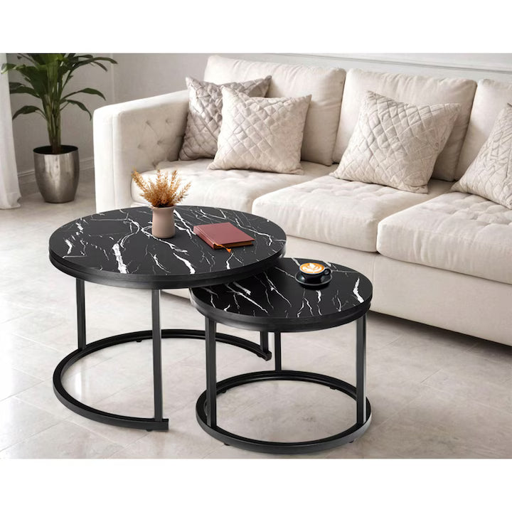 Set 2 Măsuțe Rotunde de Cafea cu Efect Marmură Alb/Negru , Ø70/50 cm, Blat MDF și Cadru Metalic – Design Modern