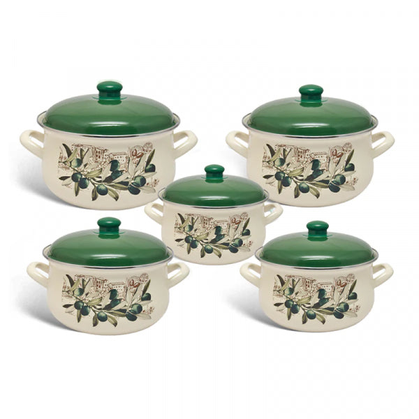 Set 5 oale emailate cu capace Savasan, 2.2–6 L, model Ramură Măslin